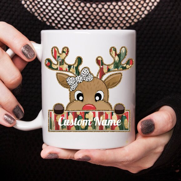 🎄 Personalized Christmas Mug - Red & Green Reindeer, Custom Name for Kids - Picture 2 of 4